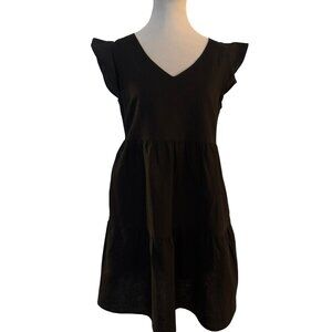 NWT Goodthreads Linen/Cotton Blend Black Tiered Flutter Sleeve Dress S